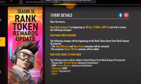 Free Fire Launched Ranked Season 15: Rank Reset, New Features, And Release Date
