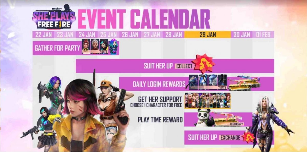 She Plays Free Fire Events Calendar How To Get Various Rewards And A