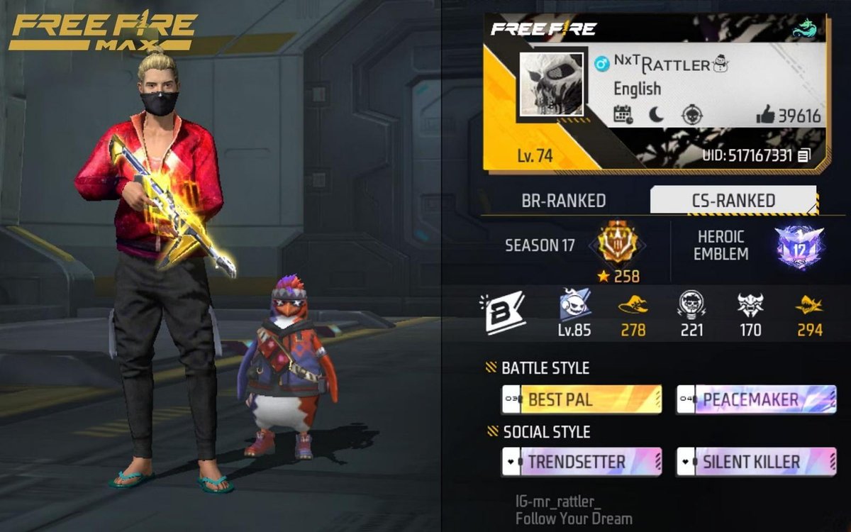 Free Fire MAX : Munna bhai gaming's ID, stats, rank, K/D ratio