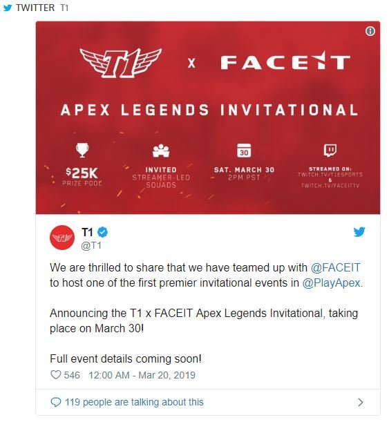 Faceit And Rebranded Skt T1 Will Host An Apex Lege