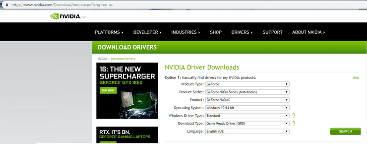 Nvidia site for downloading drivers look like this