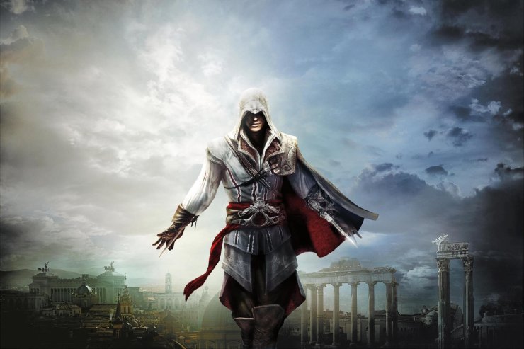 Ezio from Assassin's Creed wearing a pair of hidden blades under his arm, fighting for justice