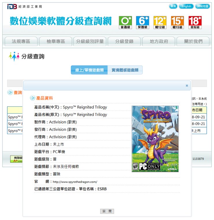 The game was reviewed for PC by the Taiwanese Ratings board