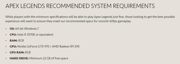 Apex Legends Recommended Specs