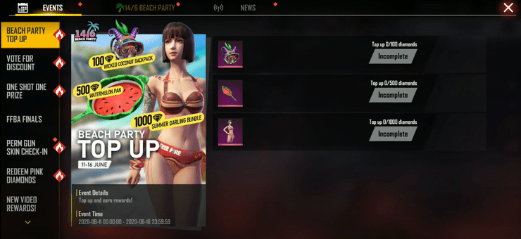 Free Fire Beach Party Top Up Event