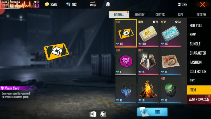 room card In Free Fire