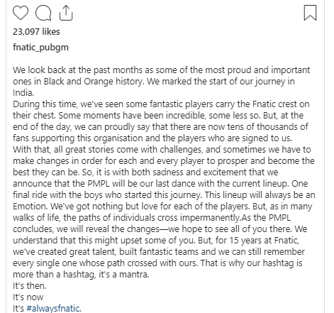 Fnatic's Instagram announcement