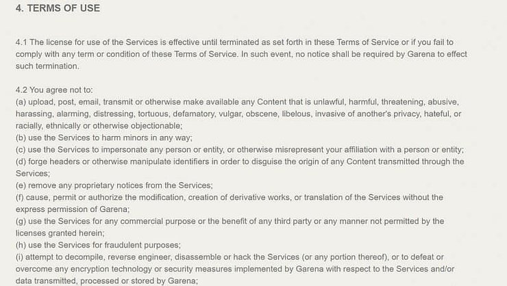 Garena Free Fire's Terms of Service