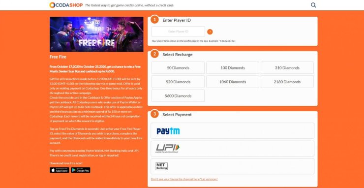 Garena Free Fire: How To Top Up Diamonds From Codashop