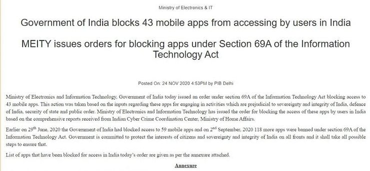 India Gov Ban 43 Apps