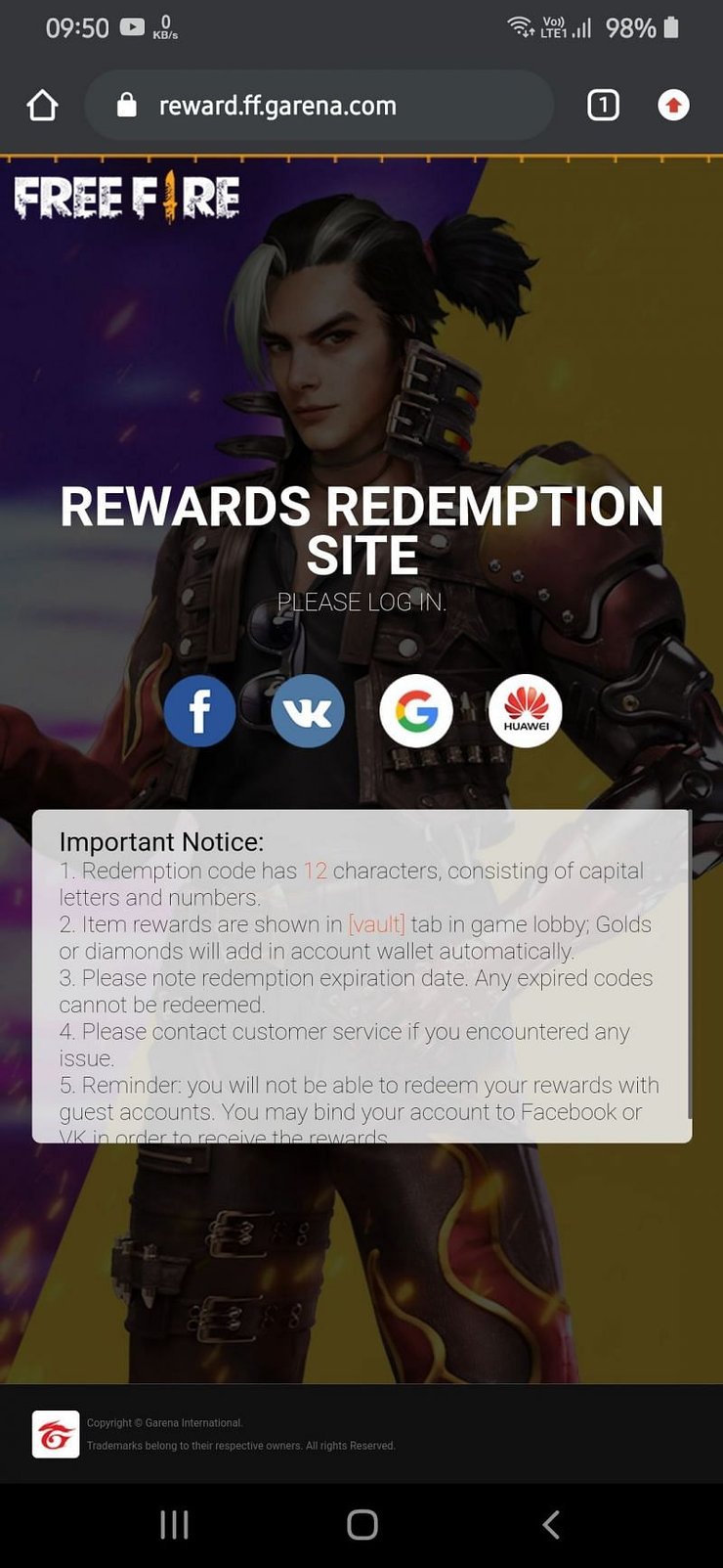 Free Fire rewards redemption site
