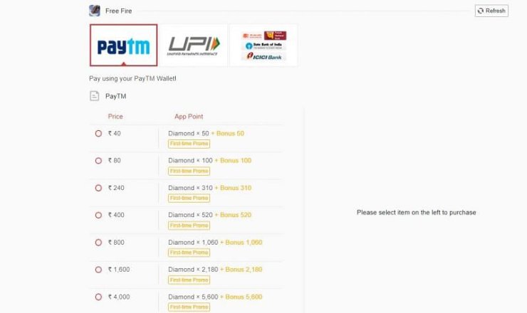 Select mode of payment and top-up