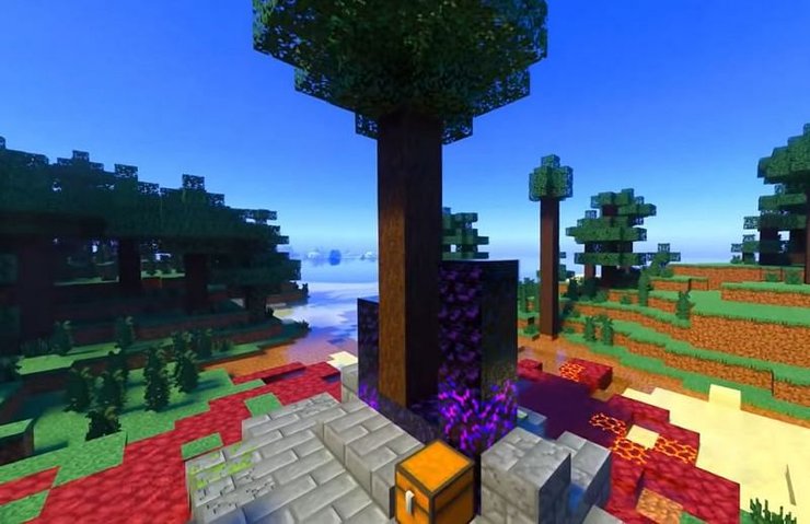 A tree growing out of a Ruined Portal in Minecraft