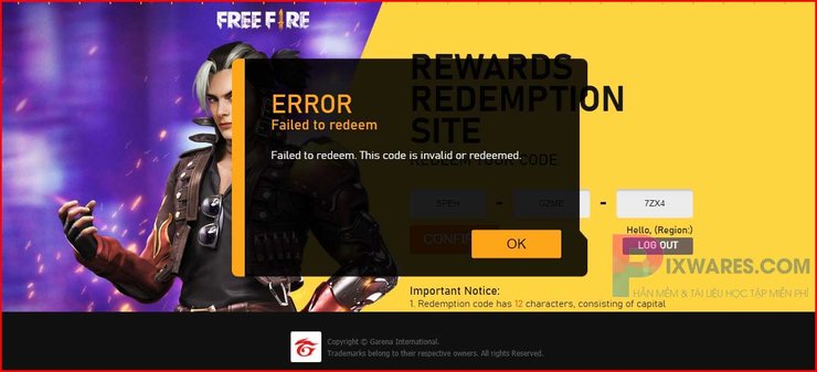 Free Fire Redeem Code Error