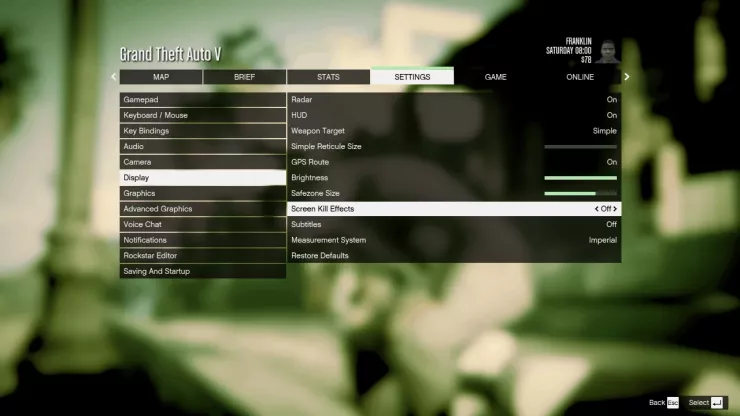 Disable Screen Kill Effects to run GTA for low end PC