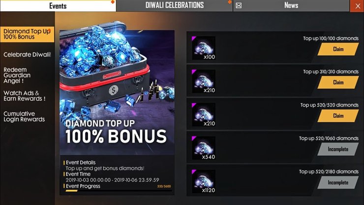 Free Fire Top Up Bonus