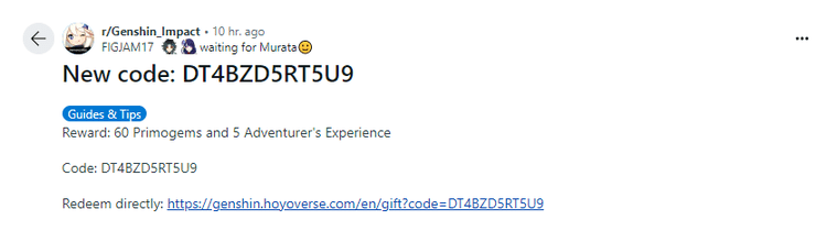 Genshin Impact New Redeem Code